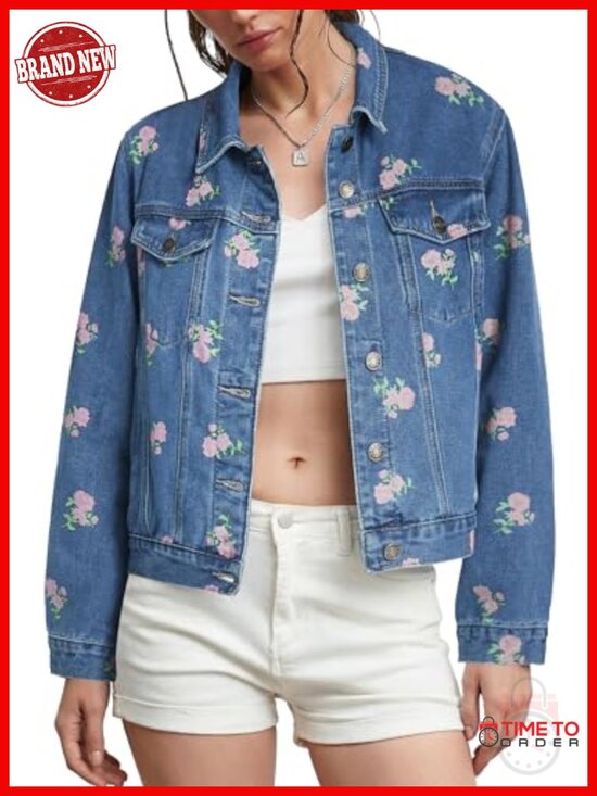 Jackets & Blazers - Women's Crop Floral Print Denim Jacket Long Sleeve Button Down